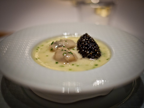 Oysters and pearls: Sabayon of Pearl Tapioca with ISland Creek Oysters and White Sturgeon Caviar