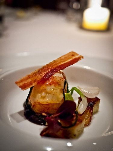 Sweet Butter-poached maine lobster tail, truffle "Pain Perdu" Hobbs' bacon and petite onions