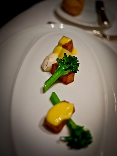 Yukon Gold Potato "Mille-Feuille" Broccoli Ecrasee, Quail Egg and Malt Vinegar Emulsion