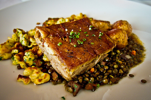 Redd Restaurant, Yountville - Crisp duck confit, lentils, foie gras meatballs, crispy spaetzle