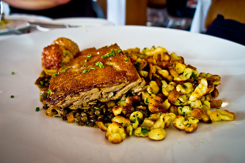 Redd Restaurant, Yountville - Crisp duck confit, lentils, foie gras meatballs, crispy spaetzle