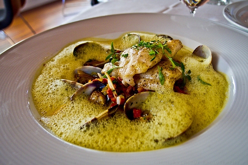 Redd Restaurant, Yountville - Petrale sole, creamy jasmine rice, cleams, chorizo, saffron curry nage